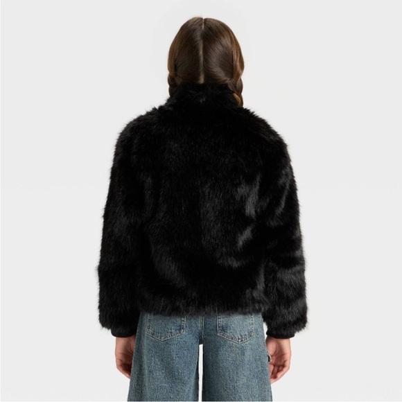 Girl’s Black Faux Fur Zip Jacket - Picture 2 of 4